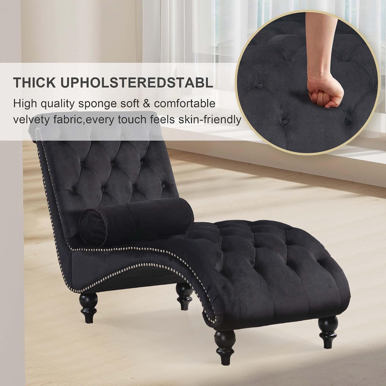 Velvet Chaise Lounge Indoor,Button-Tufted Upholstered Chaise Lounge Chair with Pillow for Bedroom Living Room Office Modern Backrest Leisure Recliner Sleep Sofa,Black