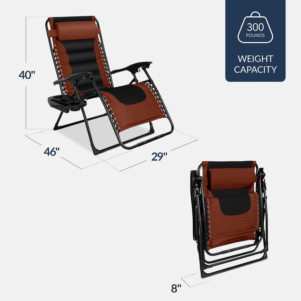 Best Choice Products Oversized Padded Zero Gravity Chair, Folding Outdoor Patio Recliner, XL Anti Gravity Lounger for Backyard w/Headrest, Cup Holder, Side Tray, Polyester Mesh - Rust/Black