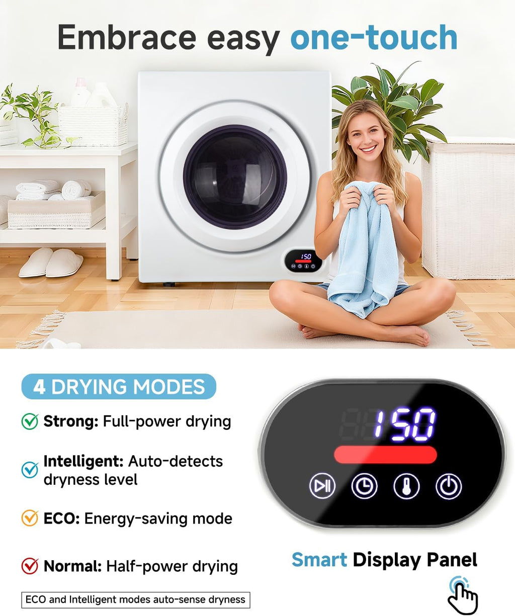 Feelfunn 2.65 Cu.Ft Portable Clothes Dryer - 1400W Clothes Dryer with Stainless Steel Tub, Front Load Tumble, LCD Touch Panel - Compact Drying Unit for Laundry, Apartments, Dorms