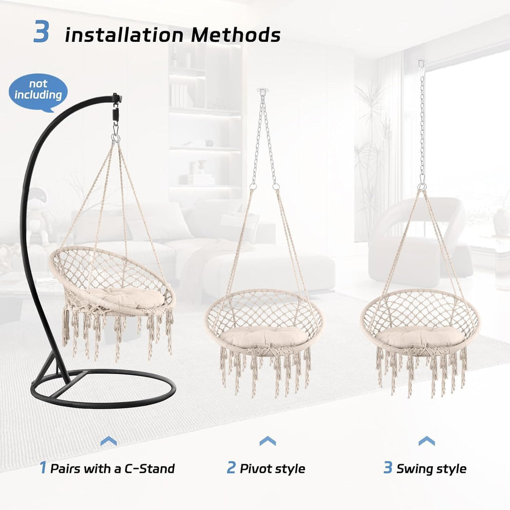 Hammock Chair, 330Lbs Swing Chair for Bedroom, Swing Chair with Comfy Cushion, Hanging Chair, for Bedroom, Porch, Adults, Balcony (Beige 3PCS)