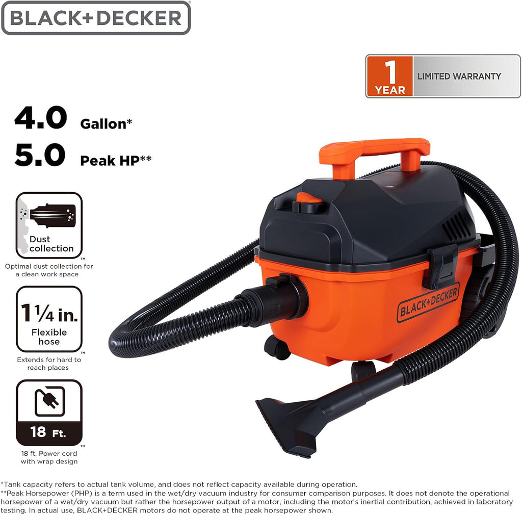 BLACK+DECKER Shop Vacuum Wet and Dry, 4 Gallon 5.0 Peak HP Wet/Dry Vacuum, Quiet Operation with Muffler, Long Reach Cleaning Range & On-Board Storage, Complete Accessory Set, BDXV18905P-4