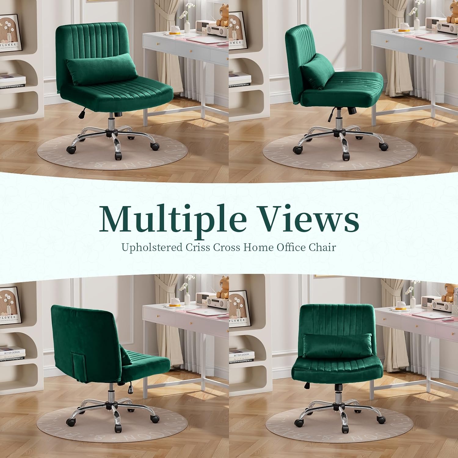 Warmiehomy Velvet Criss Cross Office Chair with Wheels, Luxury Cross Legged Desk Chair for Bedroom, Armless Wide Seat Computer Chair, Modern Vanity Chair, Gift for Teens & Girlfriend, Emerald Green