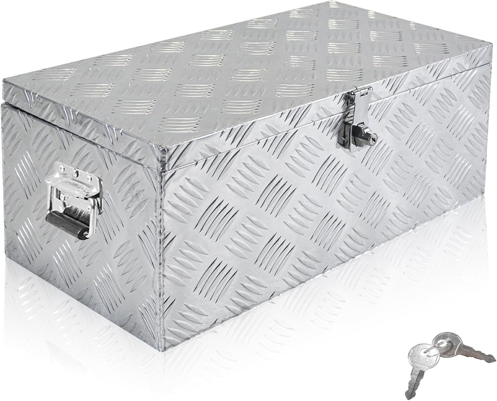 Aluminum Underbody Truck Box 32'×18'×14' Pick up Square Storage Toolbox Heavy Duty Diamond Plate Tool Boxes with Side Handle Buckle Lock and Keys for Storage and Organization