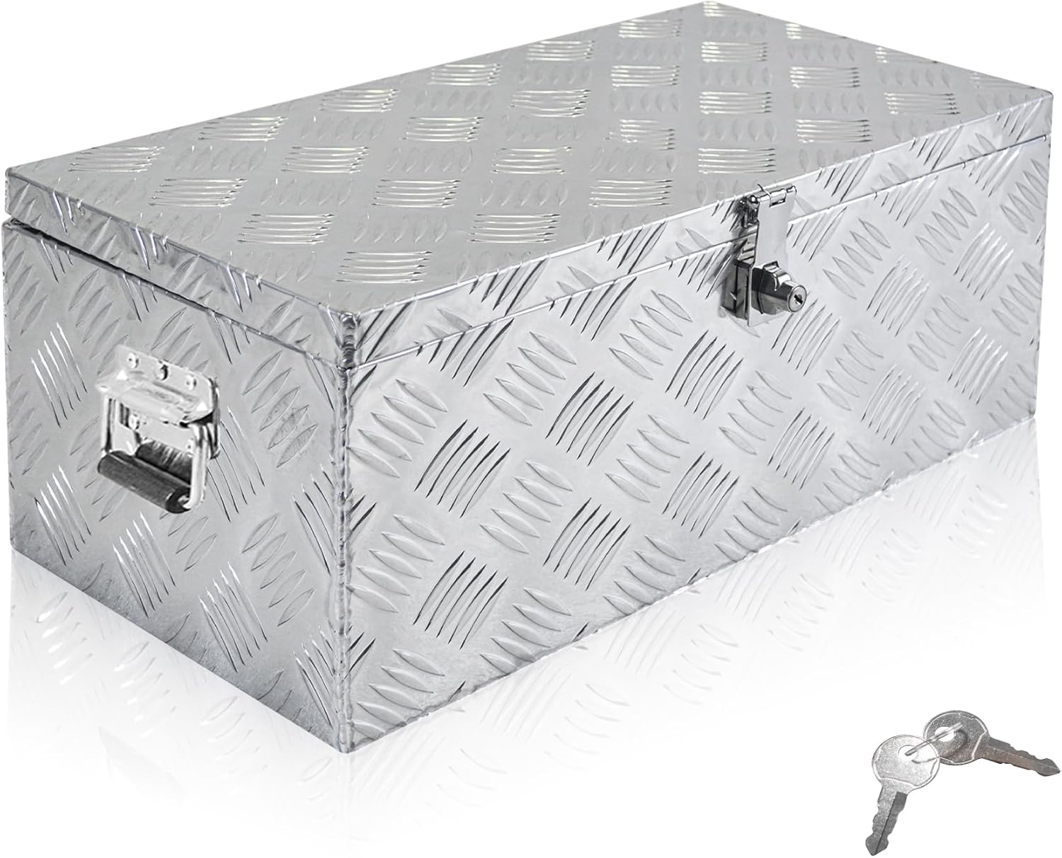 Aluminum Underbody Truck Box 32'×18'×14' Pick up Square Storage Toolbox Heavy Duty Diamond Plate Tool Boxes with Side Handle Buckle Lock and Keys for Storage and Organization