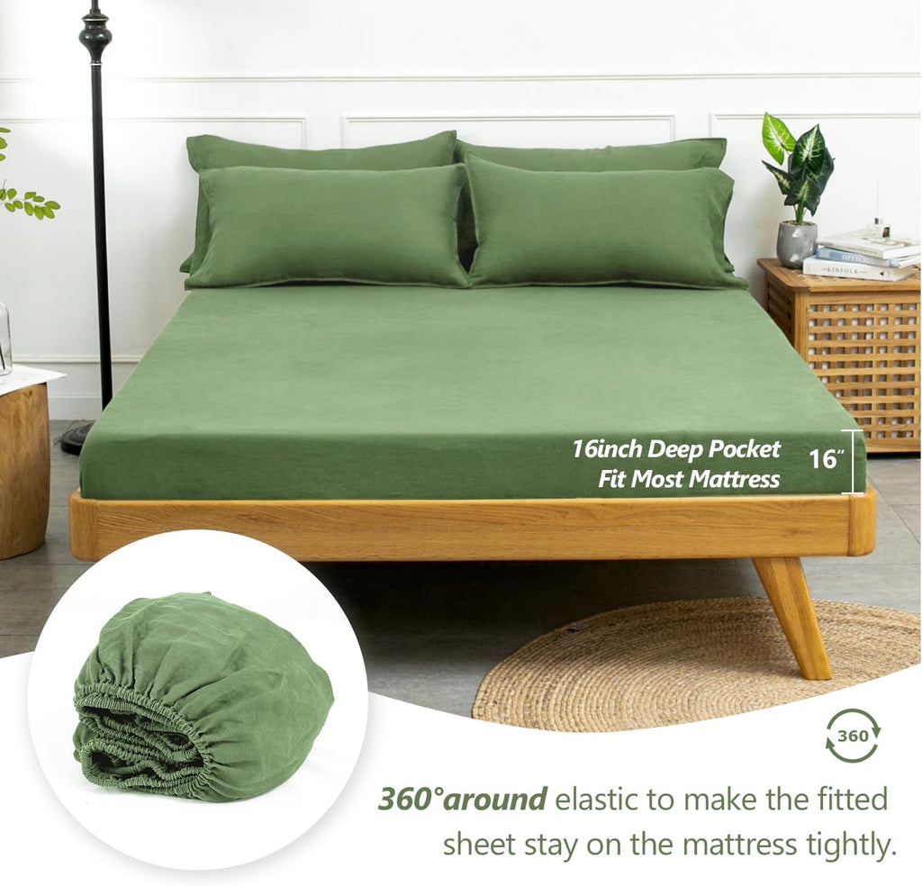 S VICTORY SYMBOL 100% Organic Linen Sheets Set King Size,French Flax Bed Sheets 4Pcs(1 Flat Sheet&1 Fitted Sheet&2 Pillowcases Natural Linen Farmhouse Bedding-Forest Green