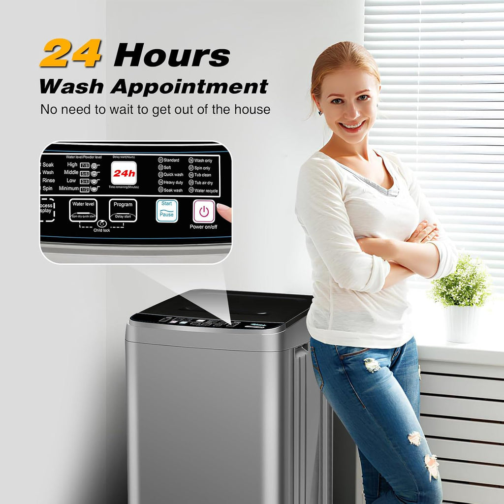 Portable Washing Machine, 25Lbs Capacity Portable Washer with Drain Pump, Full-Automatic Washer with 10 Programs & 8 Water Levels for Apartment, Dorms, Home, Grey