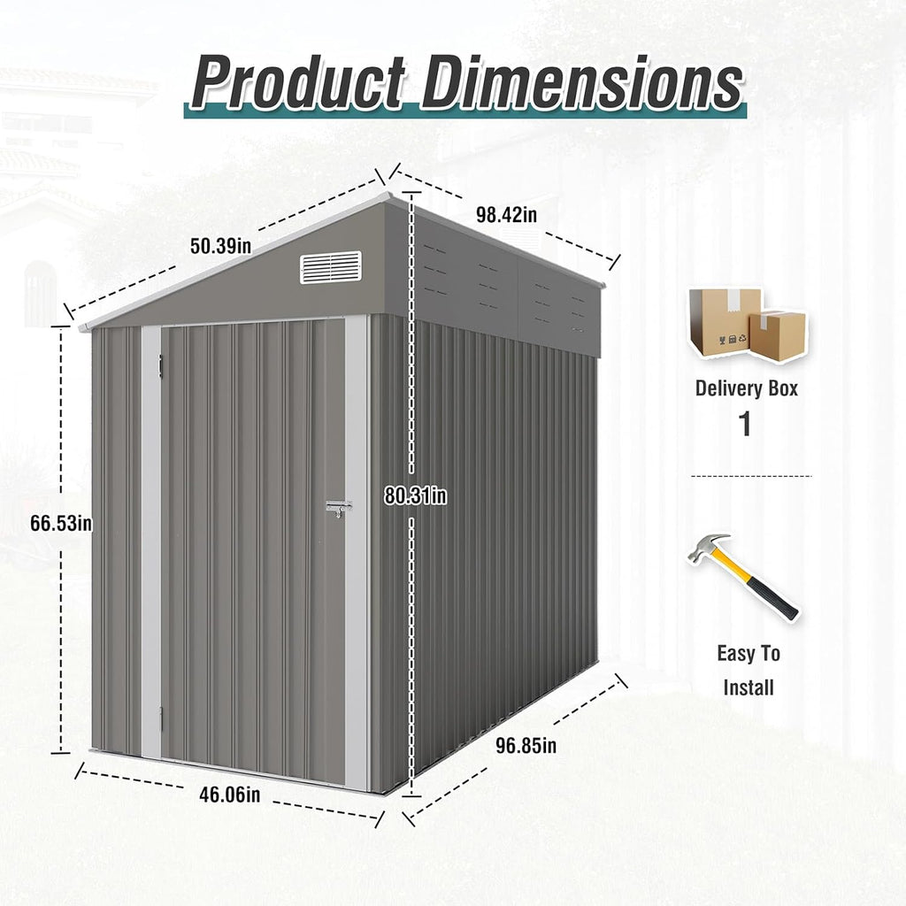 8 X 4 Ft Outdoor Storage Shed, Metal Garden Tool Shed with Lockable Door, Outdoor Door Storage Cabinet for Patio, Garage, Poolside, Bikes, and Garden (Gray)