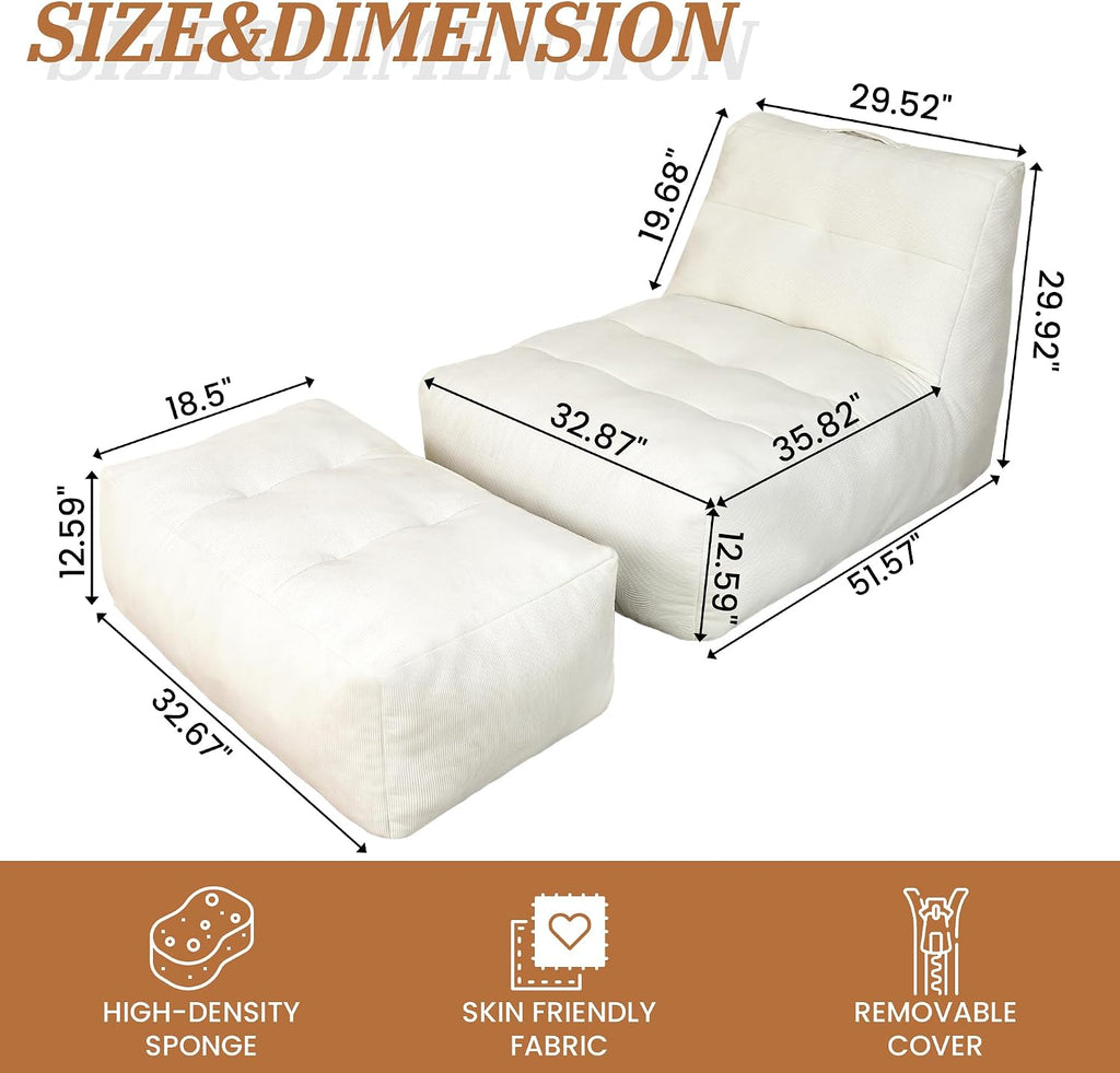 Bean Bag Chair with Ottoman, Giant Bean Bag Chairs for Adults with Memory Foam, Comfy Bean Bag Sofa for Bedroom, Lounge Beanbag of Reading and Gaming with Filler Included(White)