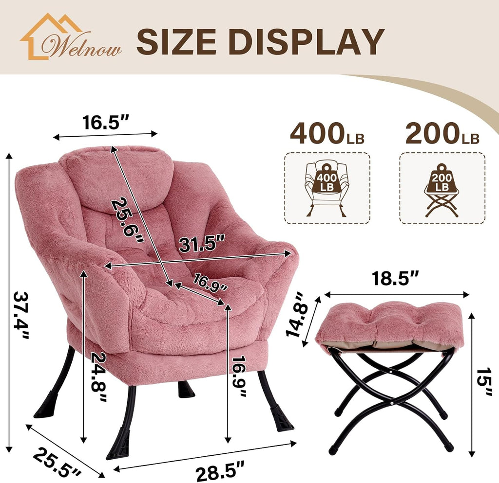 Welnow Lazy Chair with Ottoman, Modern Accent Chair with Armrests and a Side Pocket, Leisure Sofa Armchair Set, Reading Armchair with Footrest for Small Space, Plush Dark Pink