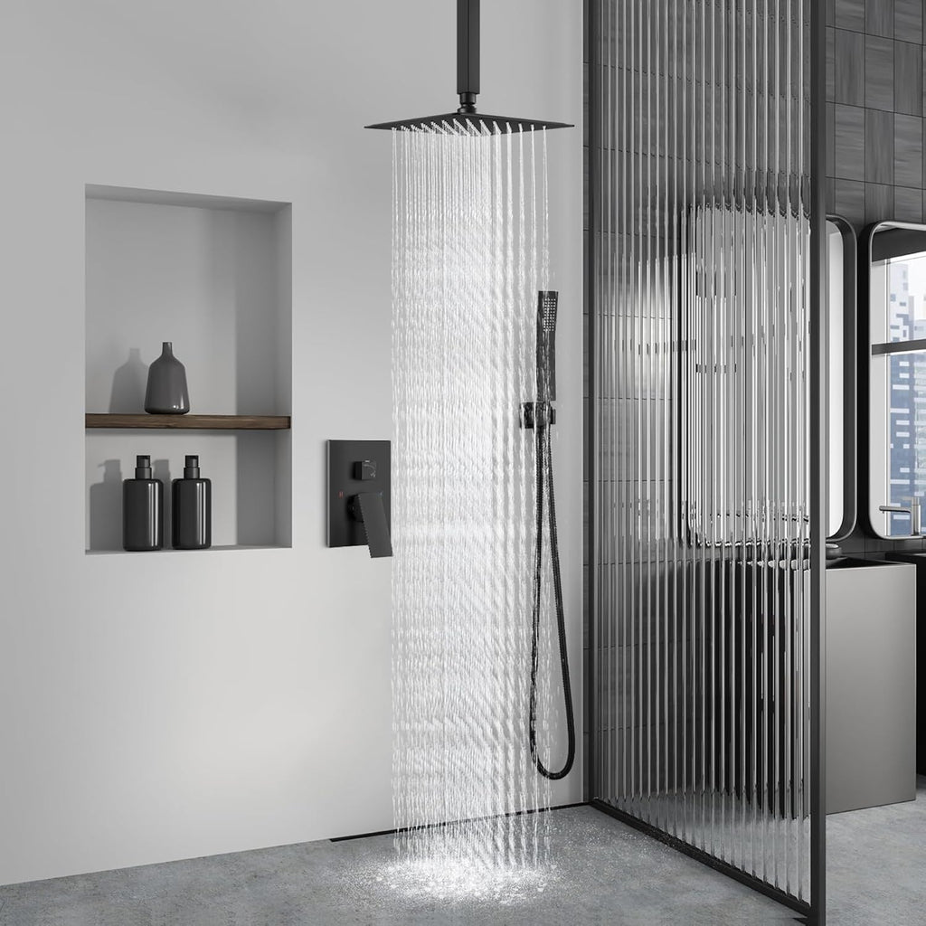 Aolemi Ceiling Mount Rain Shower Head & Handheld Spray with Robust Valve & Trim Kit - Matte Black, 8 Inch Head