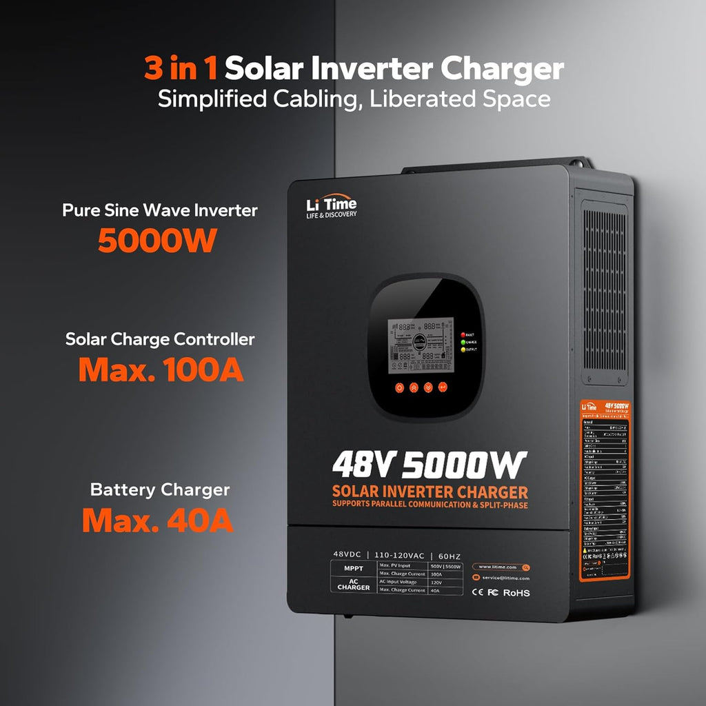 LiTime 5000W Solar Inverter Charger, 48V DC to 120V AC Pure Sine Wave Inverter, Parallel Split-Phase for 240V, Built in 100A MPPT Solar Charger Controller for Home Backup, Off-Grid, Farm