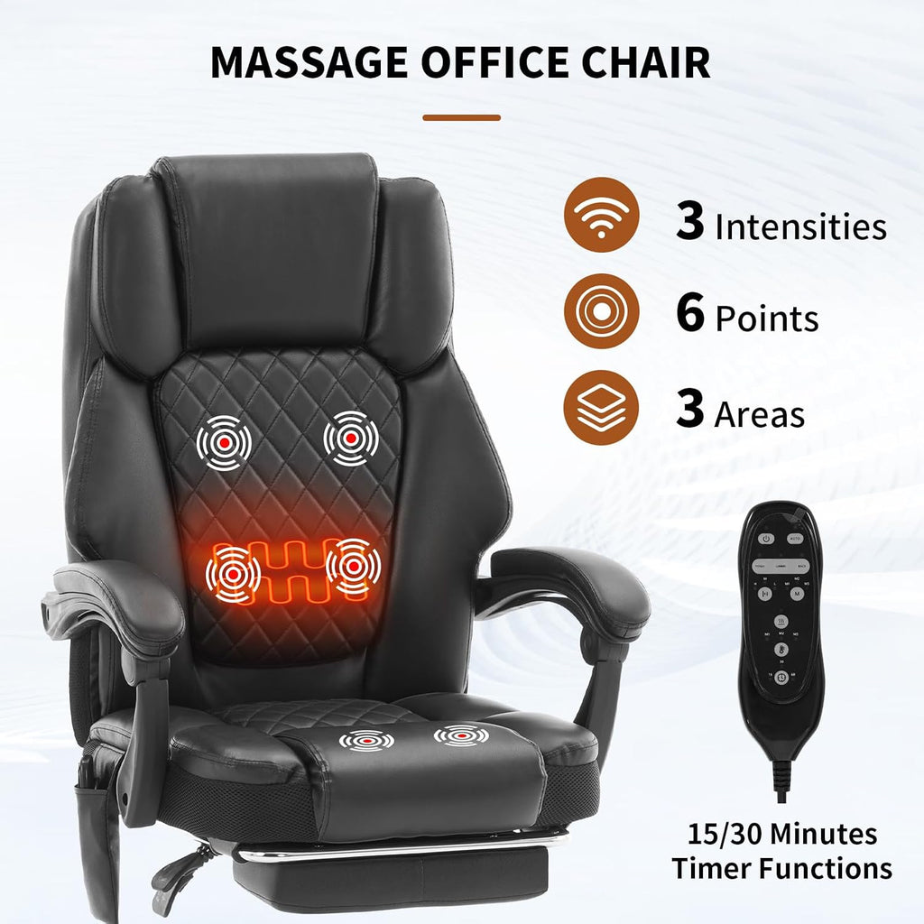 Massage Office Chair with Footrest, Heated Reclining Office Chair for Heavy People 400 lbs,High Back Executive Leather Home Desk Chair 6 Vibration Points,Ergonomic Managerial Chair, Black