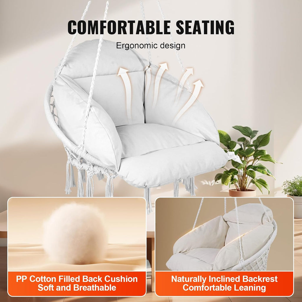 Happybuy Hanging Hammock Swing Chair, Cotton Rope with Cushion and Mounting Hardware, Macramé for Bedroom, Balcony, Patio, Garden, 264 lbs Capacity, White