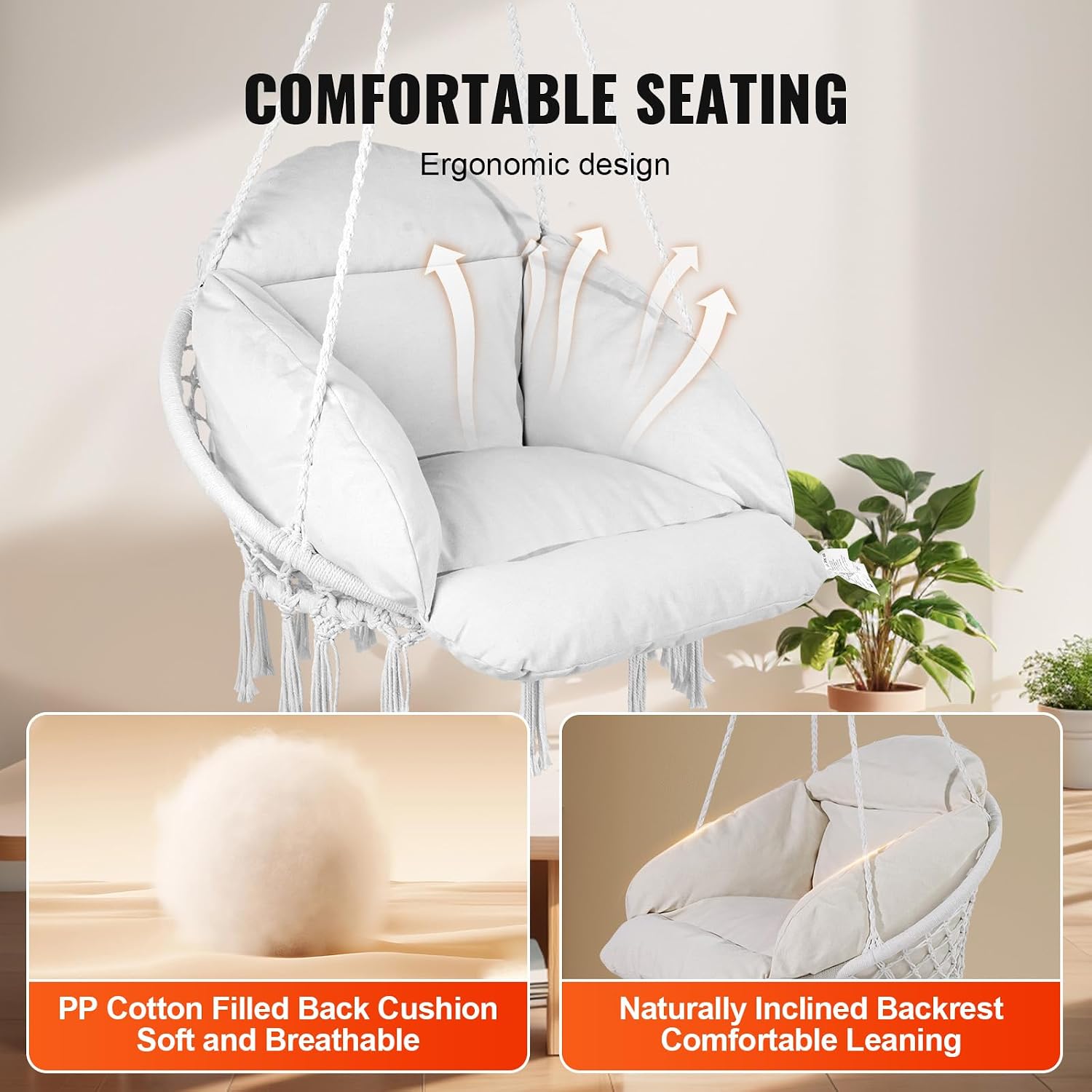 Happybuy Hanging Hammock Swing Chair, Cotton Rope with Cushion and Mounting Hardware, Macramé for Bedroom, Balcony, Patio, Garden, 264 lbs Capacity, White