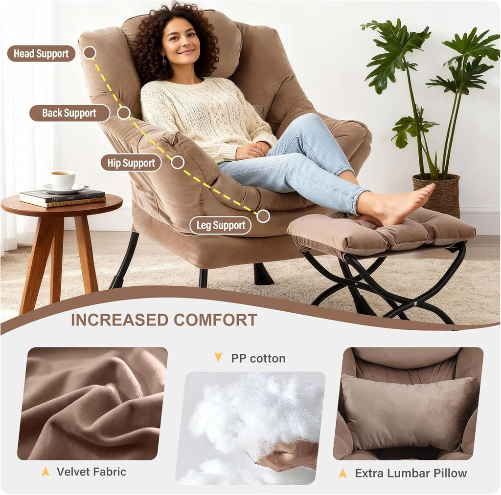 Lazy Chair with Ottoman, Modern Accent Chair with Lumbar Pillow, Velvet Khaki Sofa, Armchairs with Folding Footrest, Oversized Supportive Chairs for Bedroom, Reading