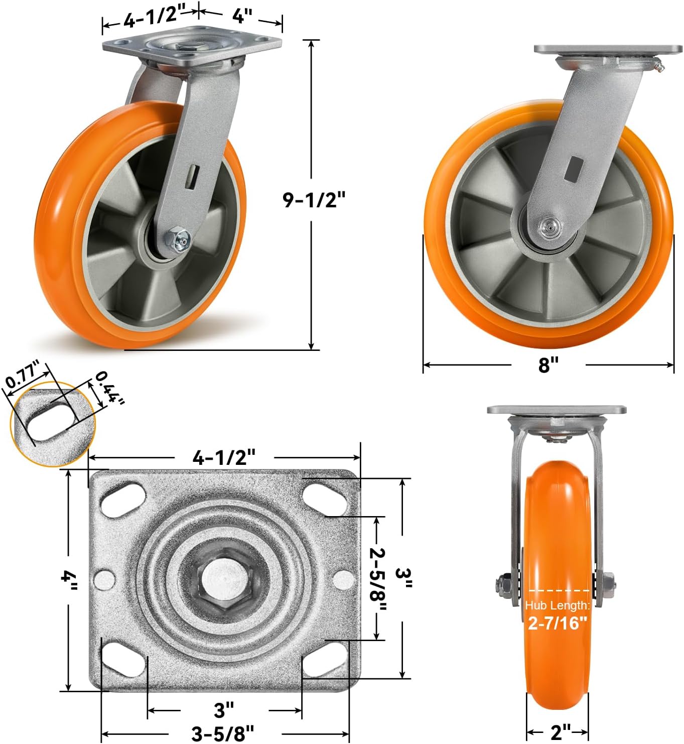 8' Heavy Duty Casters, Industrial Swivel Caster Wheels, Crowned Tread Aluminum Core Thickened Polyurethane Casters Set of 4 with Load 6000lbs Capacity, Wheels for Cart Toolbox (4 Swivel)