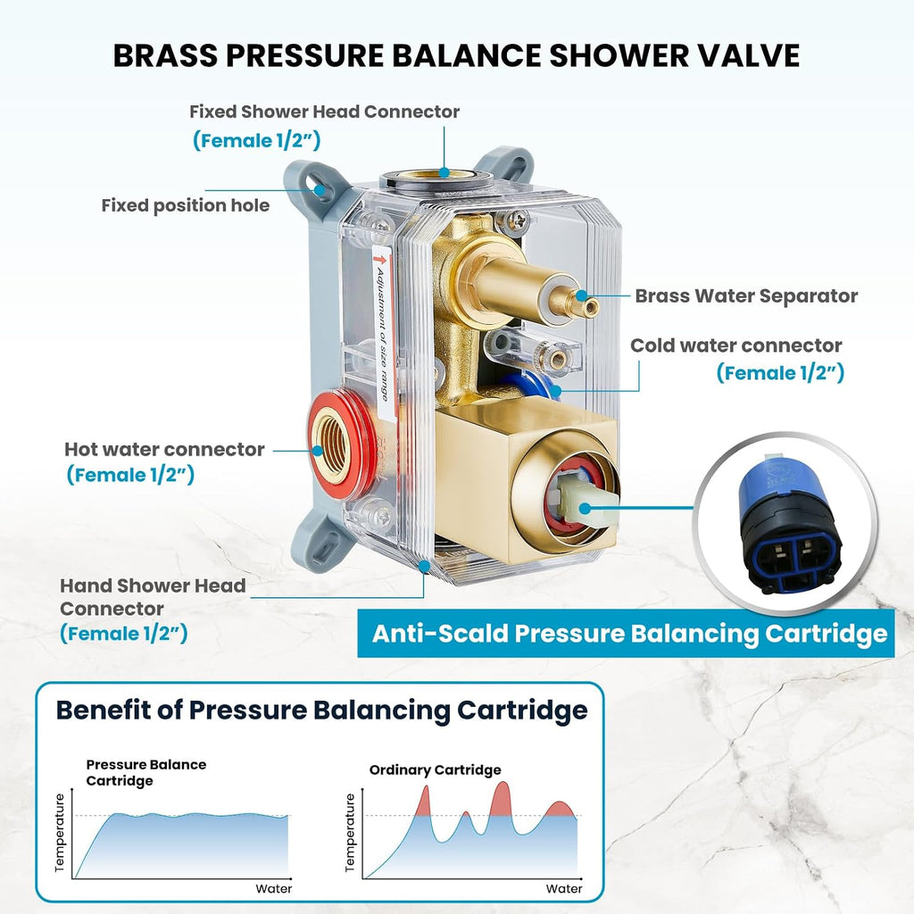 gotonovo Rainfall Bathroom Shower System Rain Shower Head and Handle Set Wall Mounted Shower Complete Combo Solid Brass Pressure Balancing Shower Mixer Valve 12 Inch Brushed Gold