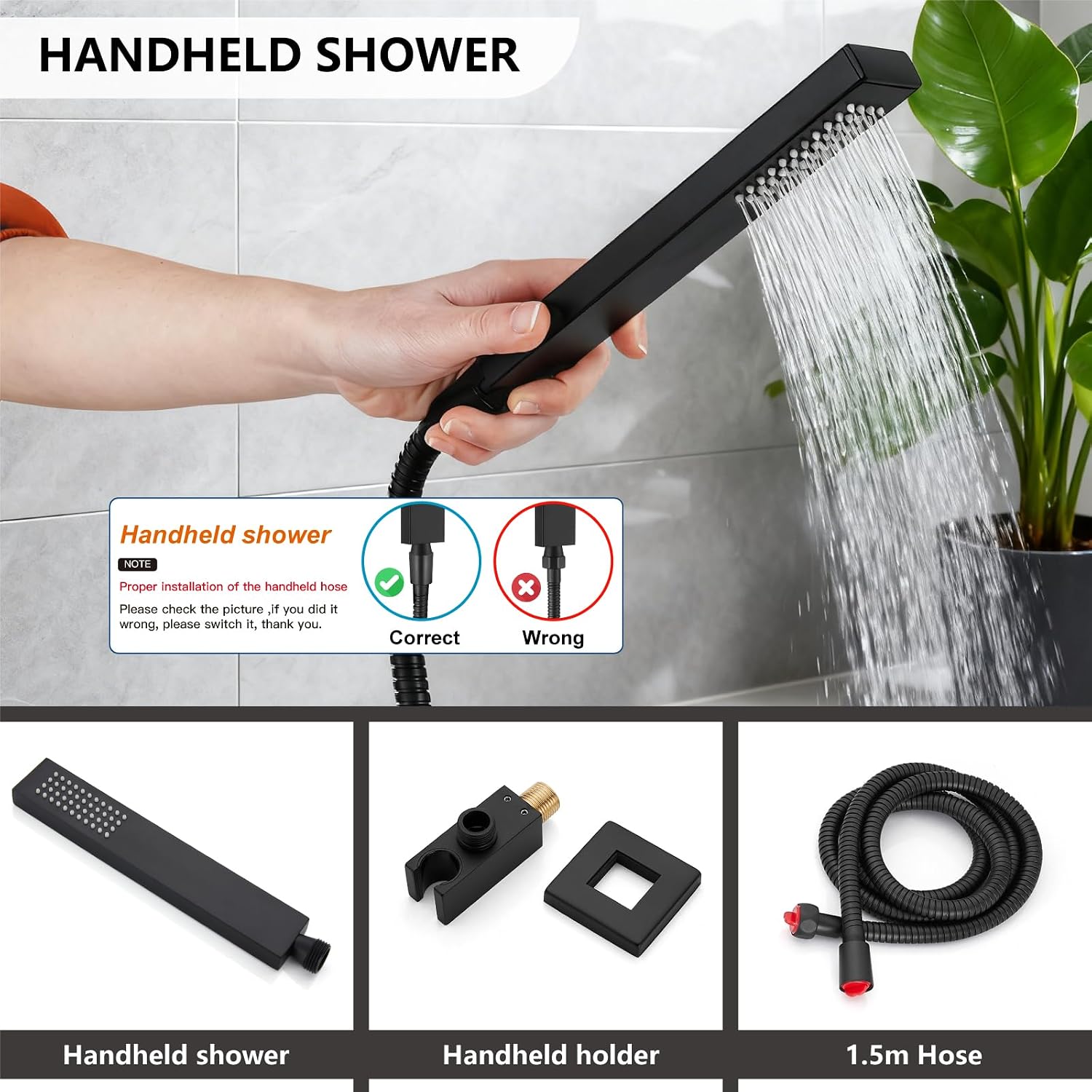 Midanya Shower System with Tub Spout,Bathtub Shower Faucet Set with Square Rainfall Head and Handheld Sprayer Wall Mount Tub Faucet Set with Valve and Trim Kit,16 Inch Matte Black