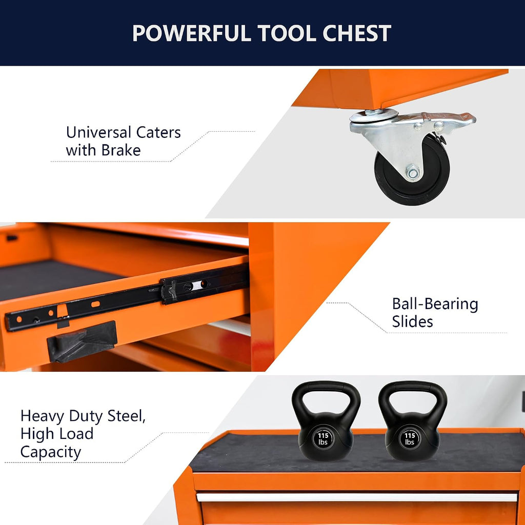 4-Drawer Tool Cart on Wheels, Drawers Rolling Tool Chest with 1 Cabinet, Mobile Trolley Organizer Tools Box with Locking Wheels & Ball Bearing Drawers for Garage,Warehouse,Repair Shop (Orange)