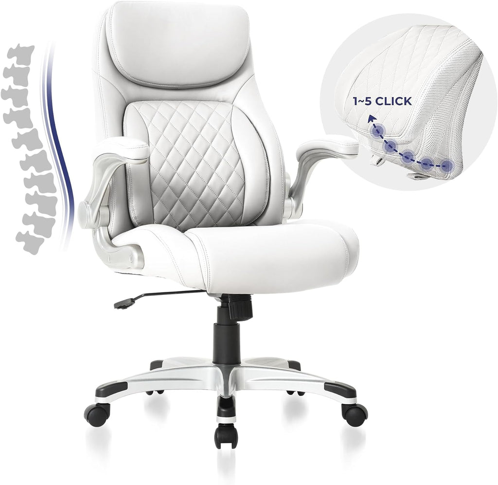Nouhaus Ergonomic Office Chair Premium Leather Adjustable Lumbar Support & Armrests, High Back Comfy Desk Gaming Chairs Executive Computer Swivel Chair Tilt Function(Posture,White)