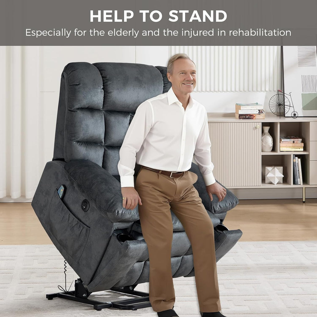 IOMOR Power Lift Recliner Chair for Elderly with Massage and Lumbar Heating, Overstuffed Electric Lift Chair with 2 Side Pockets and Cup Holders, USB & Type-C for Living Room, Textile Green Gray