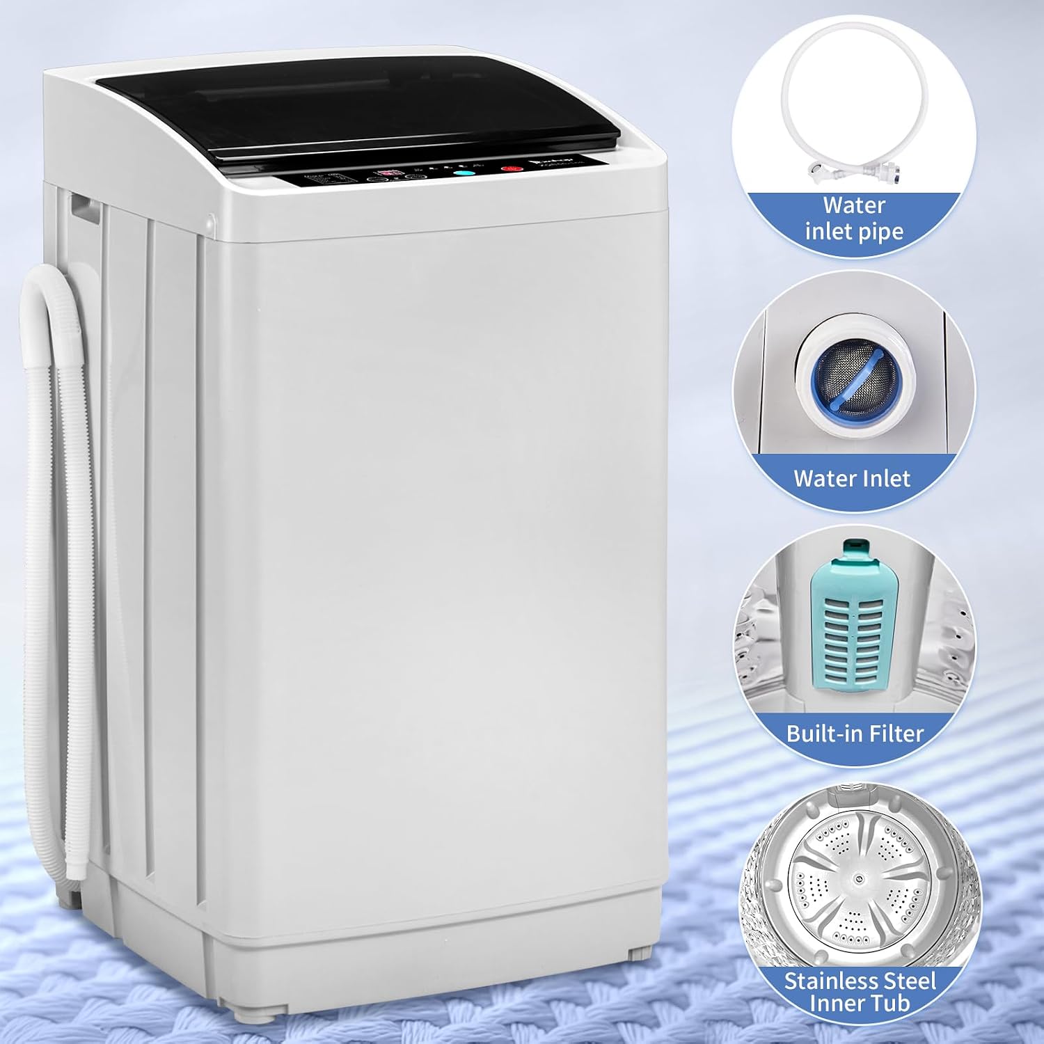1.5 Cu.Ft Full-Automatic Washing Machine, 17.8 lbs Compact Portable Washer with Stainless Steel Drum, 8 Programs & 5 Water Levels, Child Lock & Delay Start, Top Load