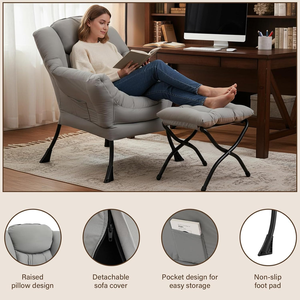Welnow Lazy Chair with Ottoman, Modern Accent Chair with Armrests and a Side Pocket, Leisure Sofa Armchair Set, Reading Armchair with Footrest for Small Space, Light Grey