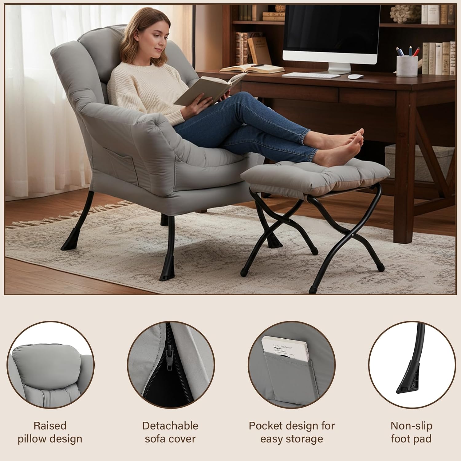 Welnow Lazy Chair with Ottoman, Modern Accent Chair with Armrests and a Side Pocket, Leisure Sofa Armchair Set, Reading Armchair with Footrest for Small Space, Light Grey