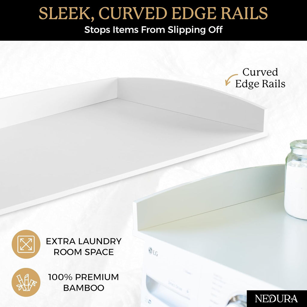 Nedura Washer Dryer Countertop for Washing Machine w/Anti-Vibration Pads &Curved Edge Rails, Premium Bamboo Laundry Countertop, Washer Dryer Topper, Laundry Room Organization, Laundry Accessory-White