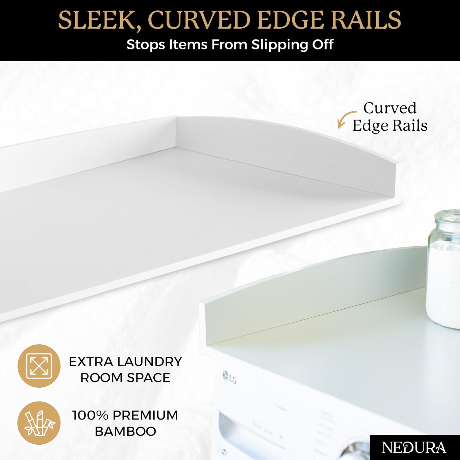 Nedura Washer Dryer Countertop for Washing Machine w/Anti-Vibration Pads &Curved Edge Rails, Premium Bamboo Laundry Countertop, Washer Dryer Topper, Laundry Room Organization, Laundry Accessory-White