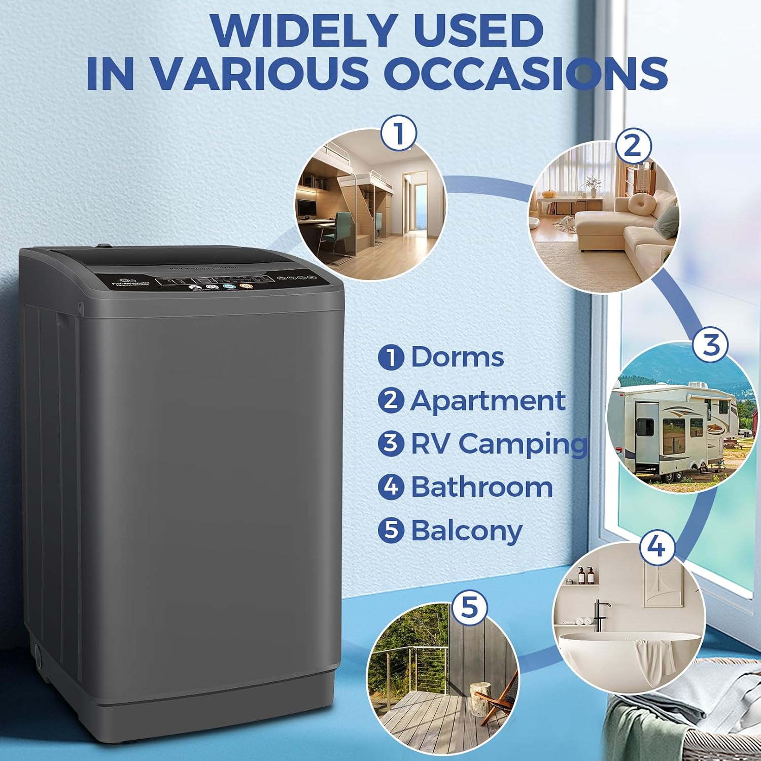 Nictemaw Portable Washing Machine, 20Lbs Capacity Portable Washer Machine, 2.8Cu.ft Washer and Dryer Combo with 10 Programs 8 Water Levels Compact Laundry Machine for Apartment, Dorms, RV