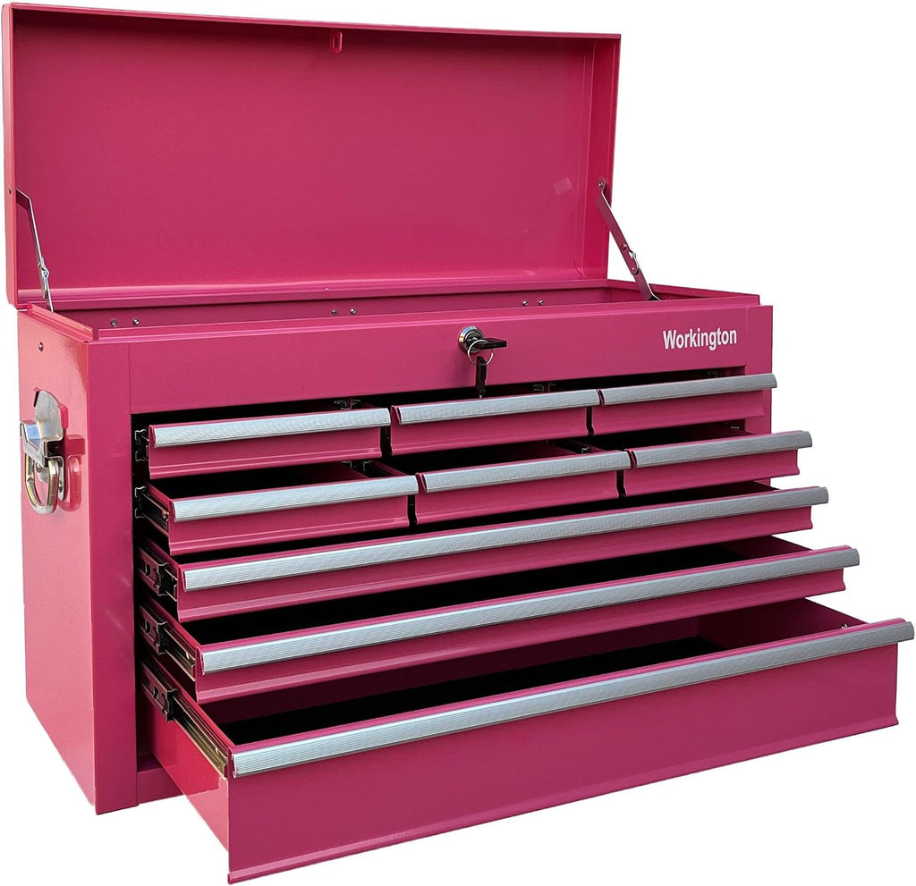 Workington Portable Metal Tool Chest with 9 Drawers, 24' 9-Drawer Tool Chest Cabinet with Ball Bearing Drawer Slides, Steel Tool Storage Box Organizer 4006 Pink