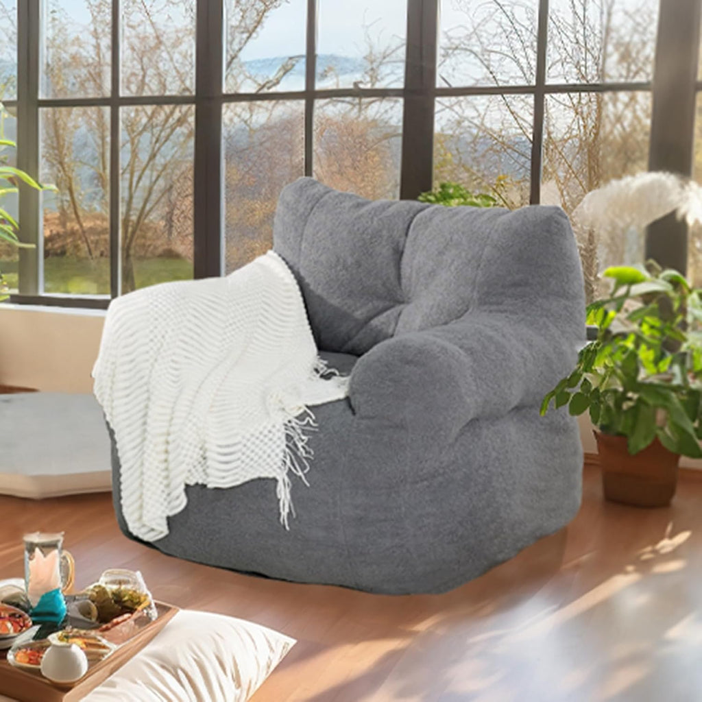 DKLGG Bean Bag Chairs for Adults, Giant Bean Bag Chair with Filler Included Faux Fur Bean Bag Sofa Memory Foam Large Bean Bag Chair with Armrest for Living Room, Bedroom, Gaming Room, Lounge, Grey