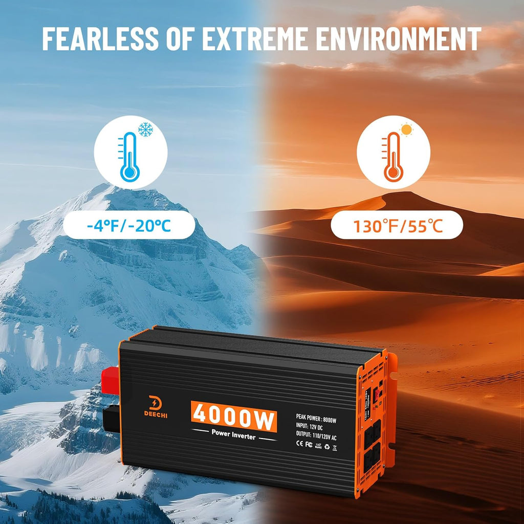 4000W Power Inverter 12V DC to 110V/120V AC Converter for RV/Truck/Boat/Camping/Off-Grid Solar Car Power Inverter Peak Power 8000W with 4 AC Outlets,USB & Type-C Port, Remote Controller & LCD Screen