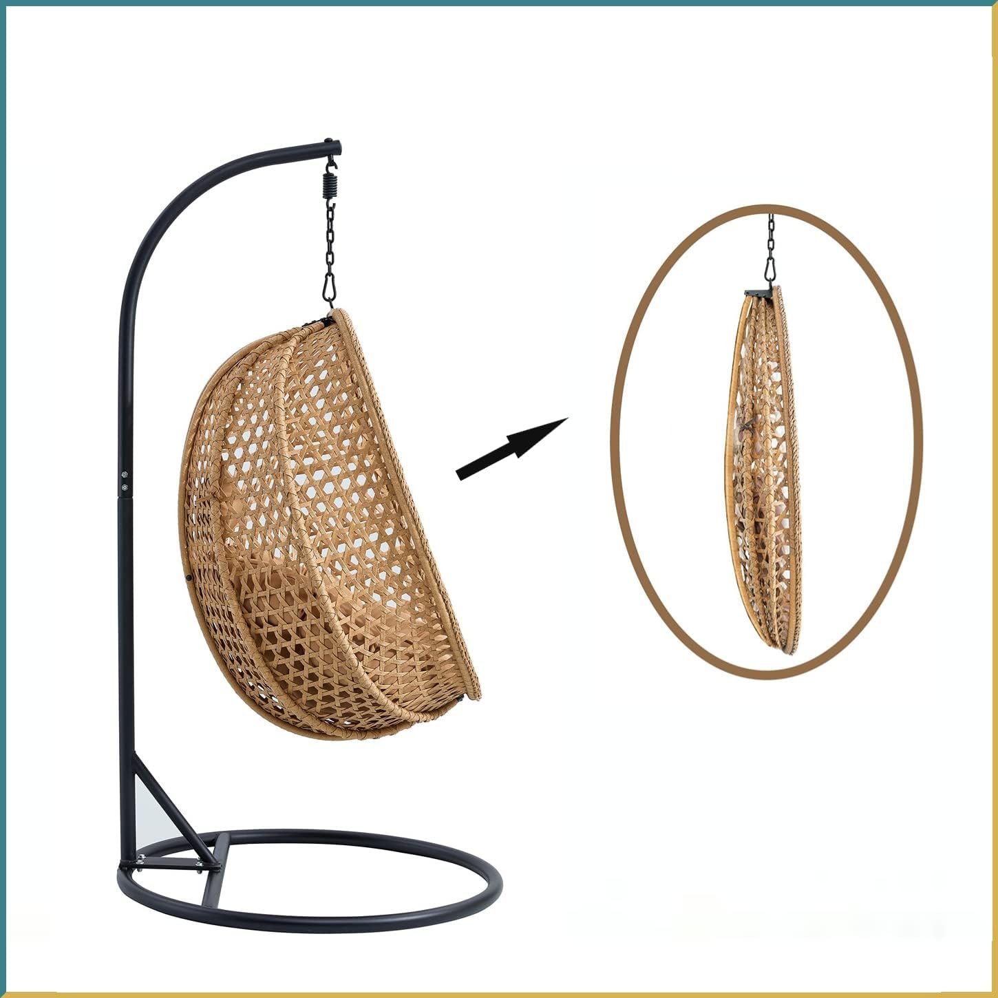 LKTART Egg Swing Chair with Stand Rattan Hanging Egg Chair with Cushions and Pillow Relaxing Chair Foldable Basket & Metal Stand Indoors or Outside