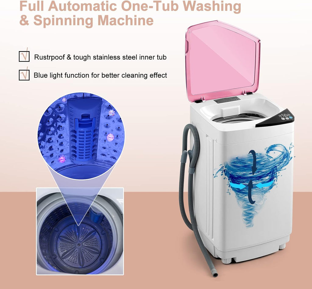 COSTWAY Portable Washing Machine, 7.7lbs Capacity Compact Laundry Washer and Spin Combo with 6 Programs, Built-in Barrel Light, Full-Automatic Washing Machine for Apartments Camping RVs Dorm, Pink