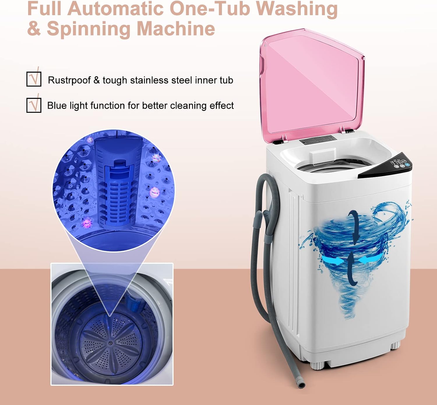 COSTWAY Portable Washing Machine, 7.7lbs Capacity Compact Laundry Washer and Spin Combo with 6 Programs, Built-in Barrel Light, Full-Automatic Washing Machine for Apartments Camping RVs Dorm, Pink