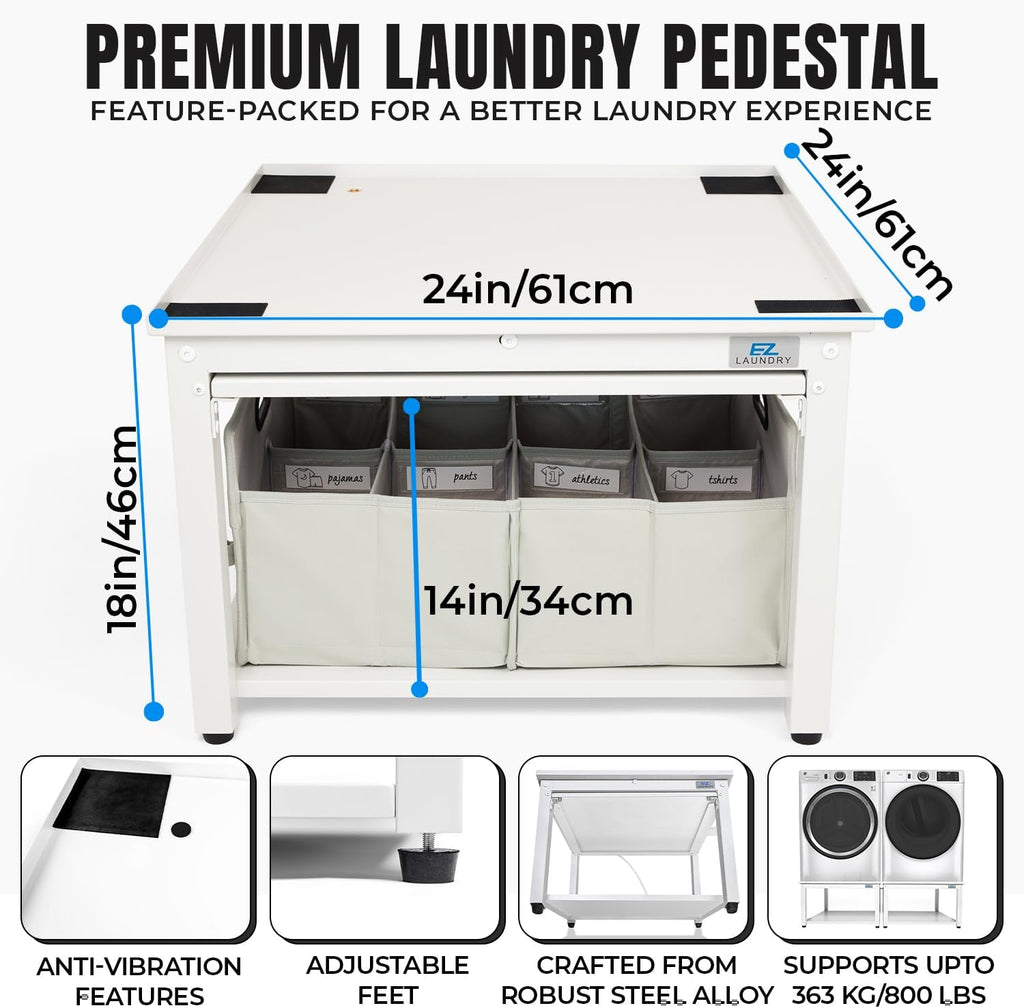 Washer and Dryer Pedestal with Pullout-Shelf - 24' W, 18' H, White Steel Universal Fit with Major Brands | Laundry Pedestal with Drain Pan & Hose | Washer Stand for Back Pain Relief, 800 lbs Capacity