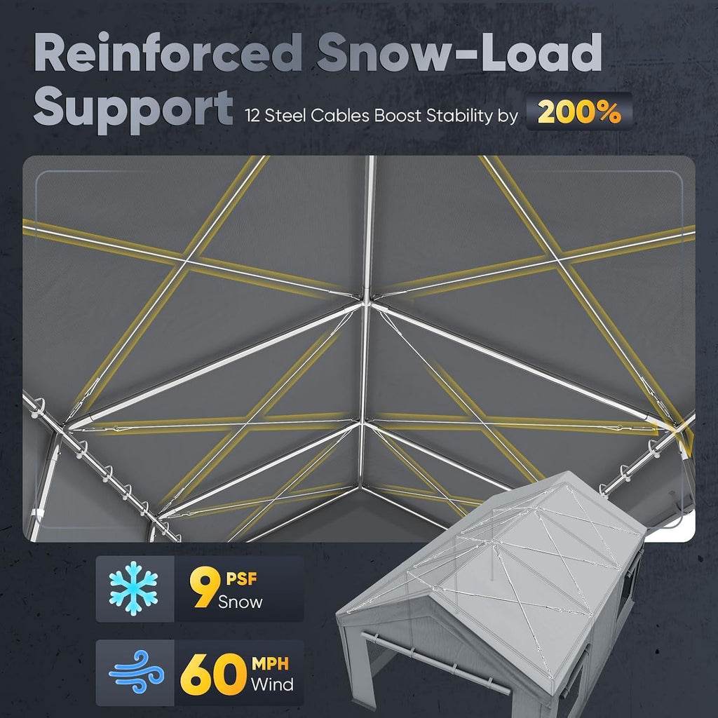 Quictent Heavy Duty 10x20 ft Carports with Side Zipper Doors & Snowproof Steel Cables & Ventilated Windows, Waterproof Storage Shelter for Car, Boat, RV, Outdoor Equipment, Gray