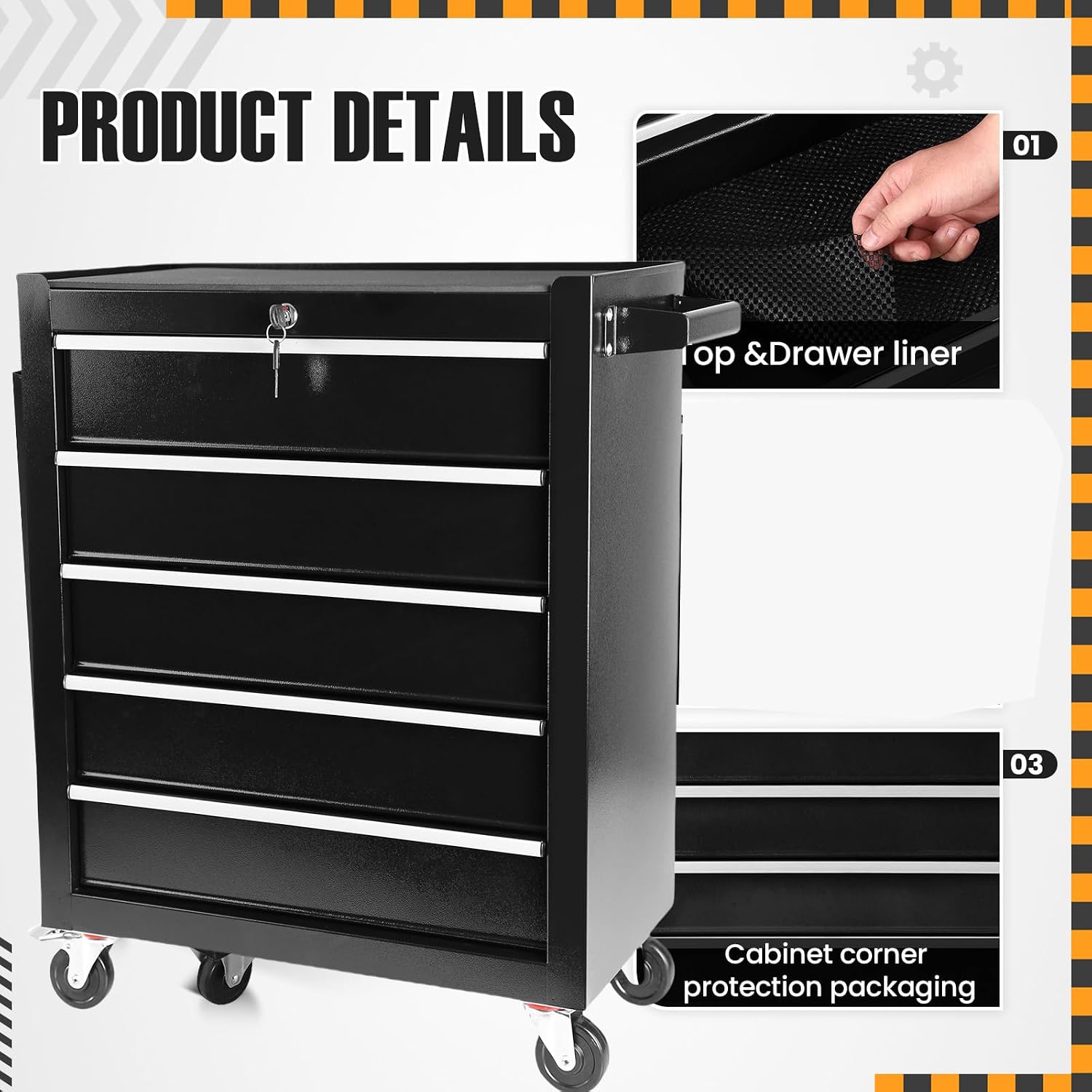 5-Drawer Rolling Tool Chest,Tool Cabinet On Wheels with Keyed Locking System and Drawer Liners,5 Drawer Tool Cart with Drawers,for Garage, Warehouse, Workshop, Repair Shop (Black)