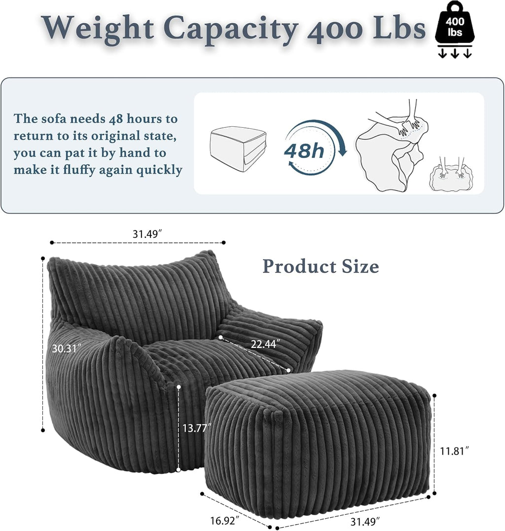 Gericco Oversized Bean Bag Chaise Lounge Chair Indoor for Adults with Armrests & Ottoman - Giant Comfy Gray Beanbag Floor Sofa Cloud Accent Chair for Reading, Gaming, Cozy Plush Cloud Mini Couch