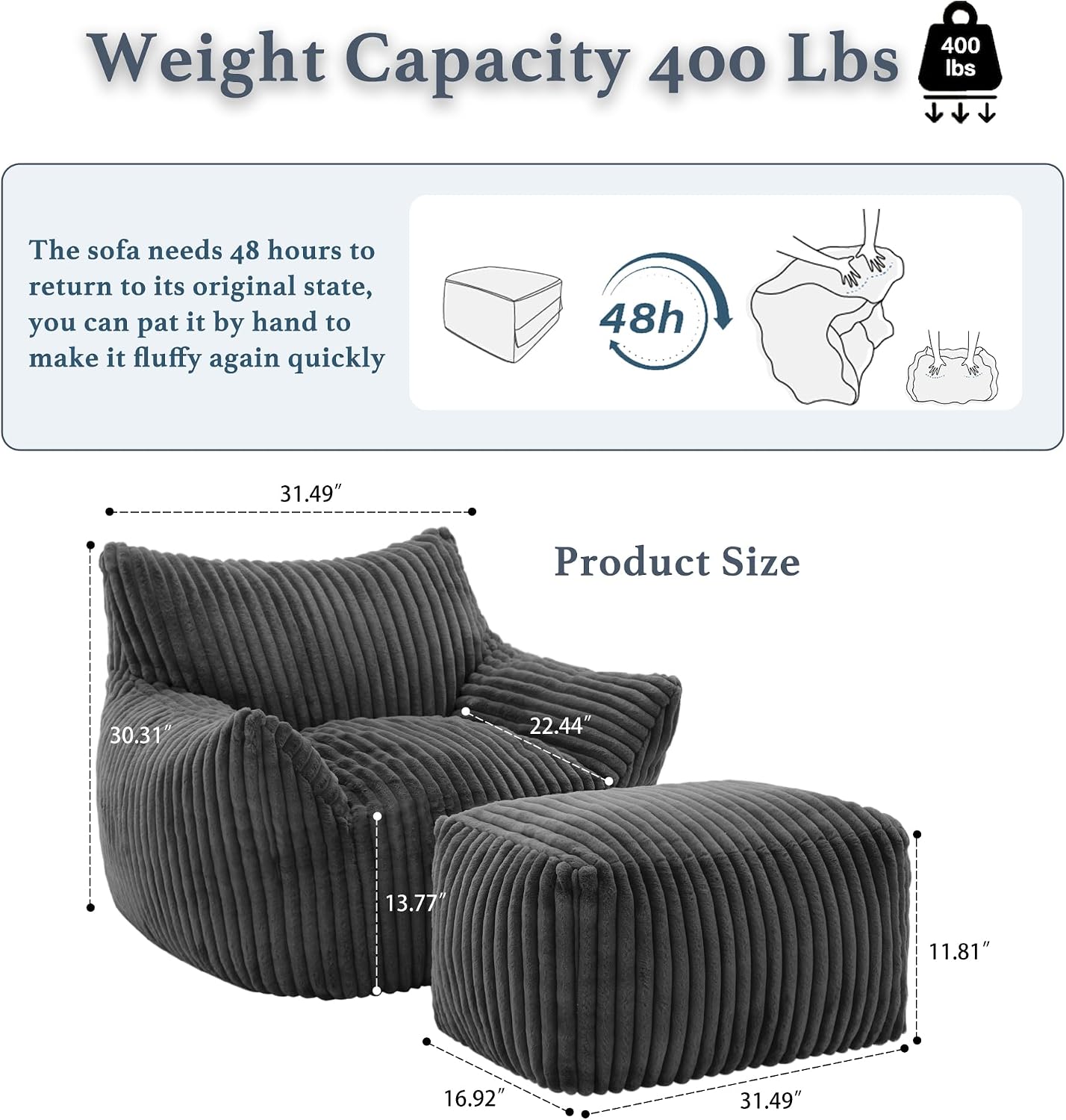 Gericco Oversized Bean Bag Chaise Lounge Chair Indoor for Adults with Armrests & Ottoman - Giant Comfy Gray Beanbag Floor Sofa Cloud Accent Chair for Reading, Gaming, Cozy Plush Cloud Mini Couch