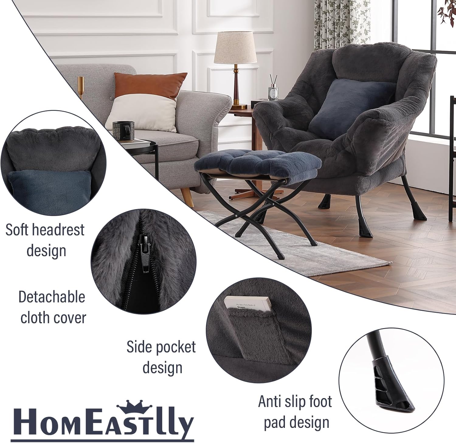Lazy Chair with Ottoman, Large Blue Gray Accent Chair with Ottoman and FA Throw Pillow, Comfy Plush Reading Chair for Living Room Bedroom Dorm Room Office Apartment Relaxing Use