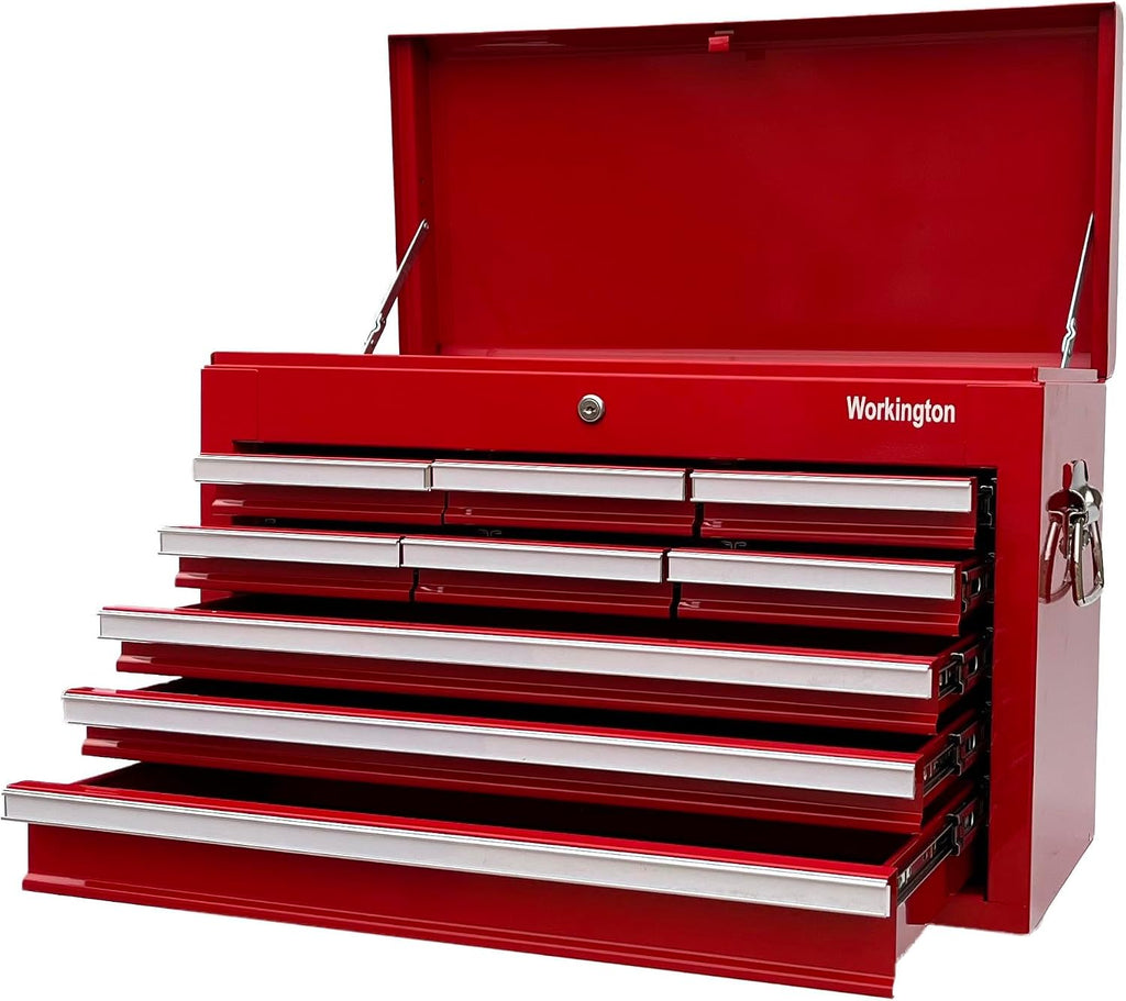 Workington Professional Industrial Portable Metal Tool Chest with 9 Drawers, 26' 9-Drawer Tool Chest Cabinet with Ball Bearing Drawer Slides, Steel Tool Storage Box Organizer 4016 Red