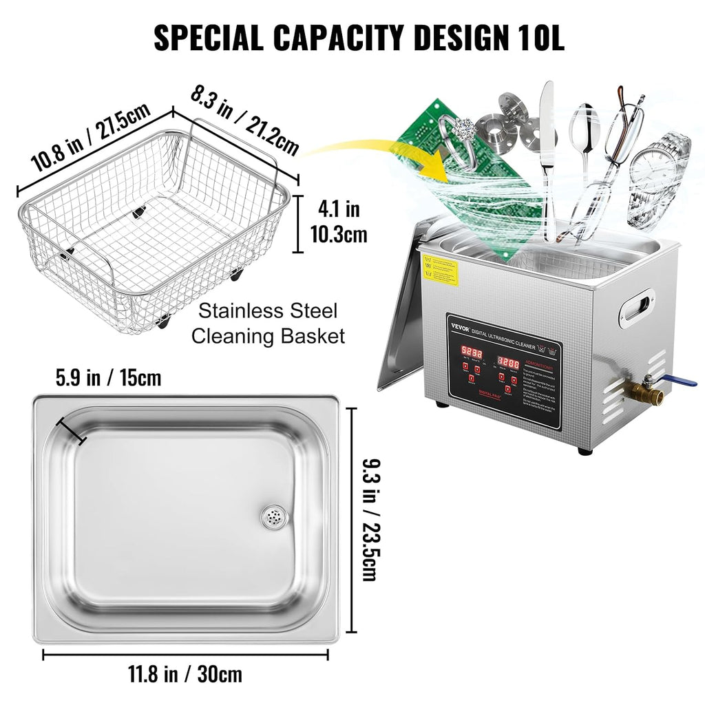 VEVOR Ultrasonic Cleaning with Digital Timer & Heater, Professional Ultra Sonic Jewelry Cleaner, Stainless Steel Heated Cleaning Machine for Glasses Watch Rings Small Parts Circuit Board (10L)