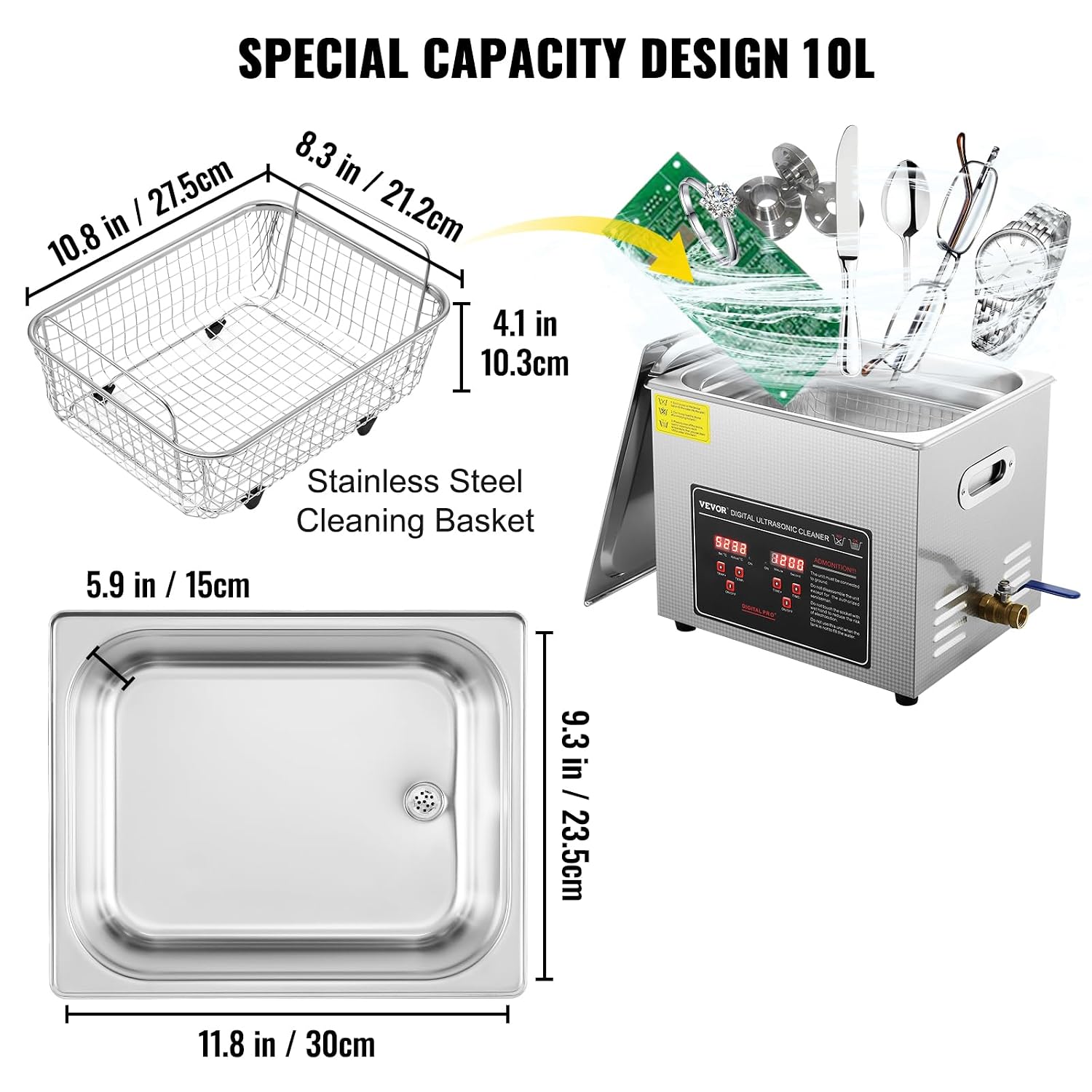 VEVOR Ultrasonic Cleaning with Digital Timer & Heater, Professional Ultra Sonic Jewelry Cleaner, Stainless Steel Heated Cleaning Machine for Glasses Watch Rings Small Parts Circuit Board (10L)