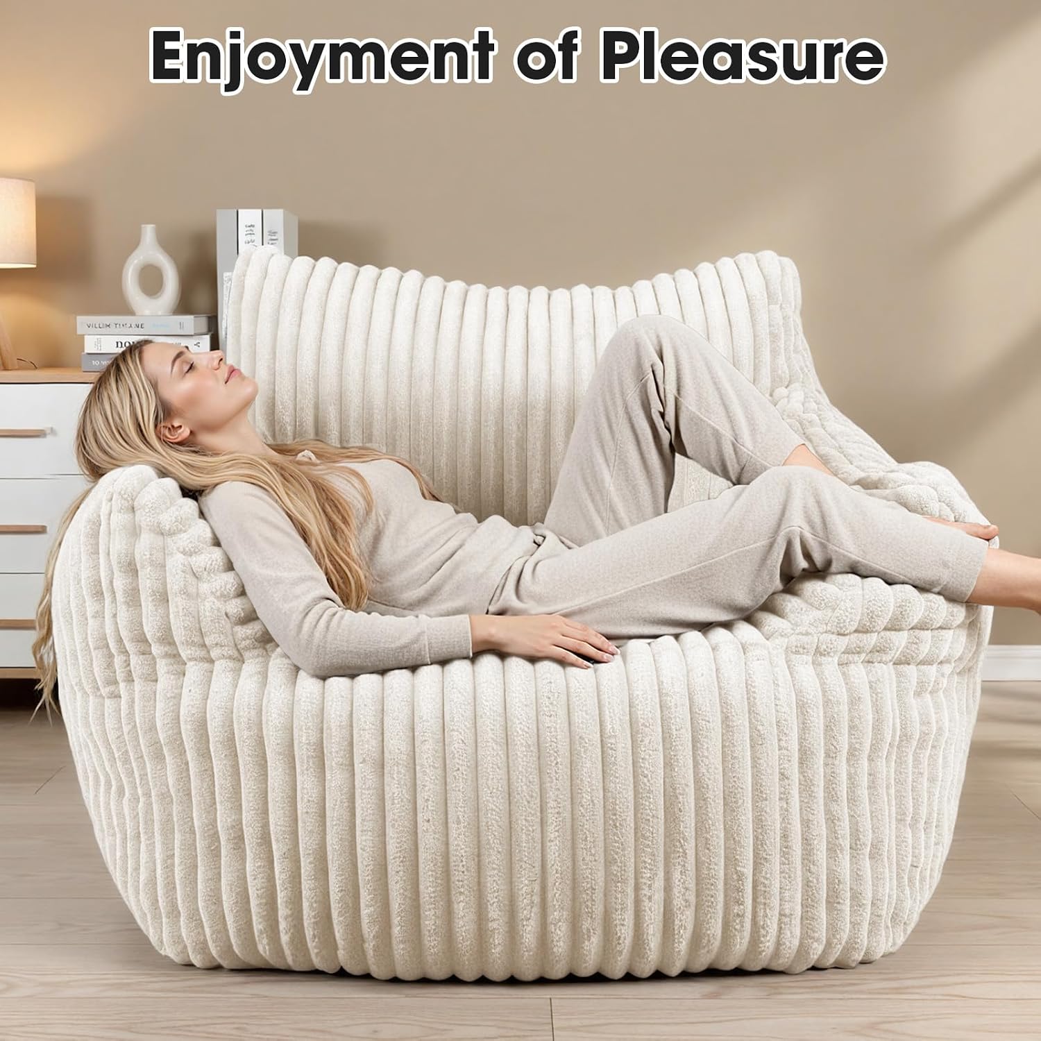 Giant Bean Bag Chair for Adults, Oversized Memory Foam Bean Bag Sofa with Armrests, Large Comfy Fluffy Single Lounges Mini Couch for Living Room, Bedroom & Dorm(Beige)