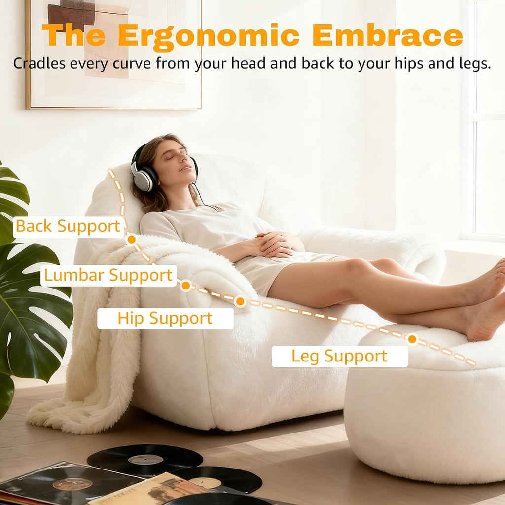 Large Bean Bag Chair with Ottoman, Giant Faux Fur Adult Bean Bag Sofa with Footrest, Ergonomic Lounge Couch for Bedroom, Living Room, Large Comfy Reading Chair Gaming (White, Single, Simple)