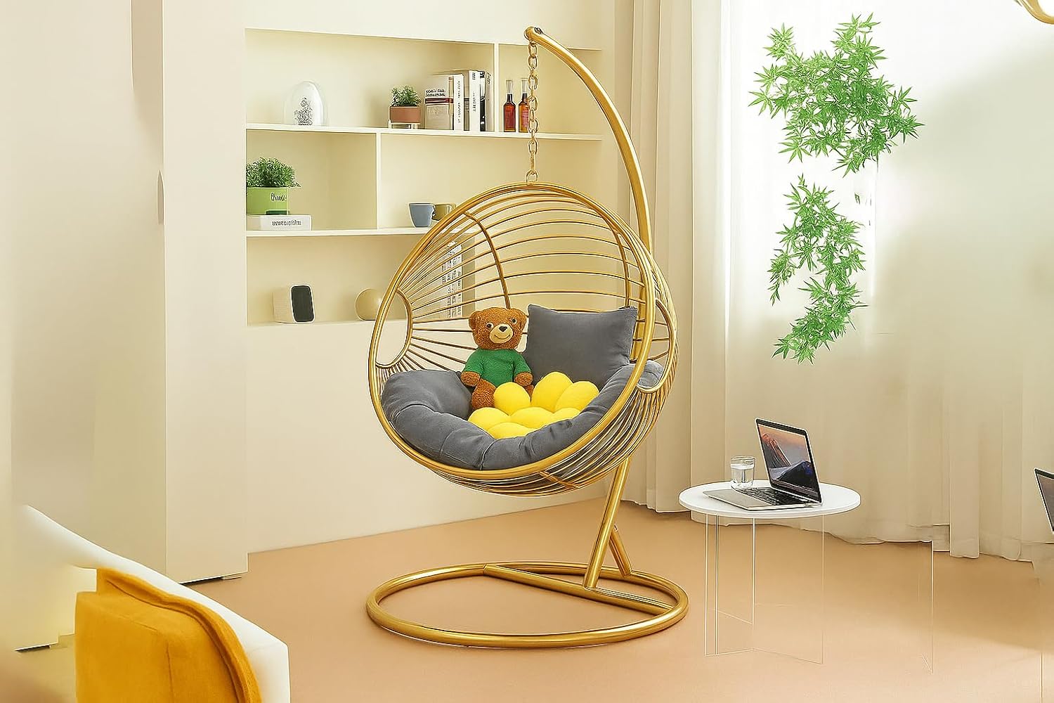 First of a Kind Tarzan Egg Swing Chair - Luxurious Hanging Chair with Stand Durable Metal Frame & Plush Soft Cushions - Elegant Chair Swing for Living Rooms, Bedrooms, Gray