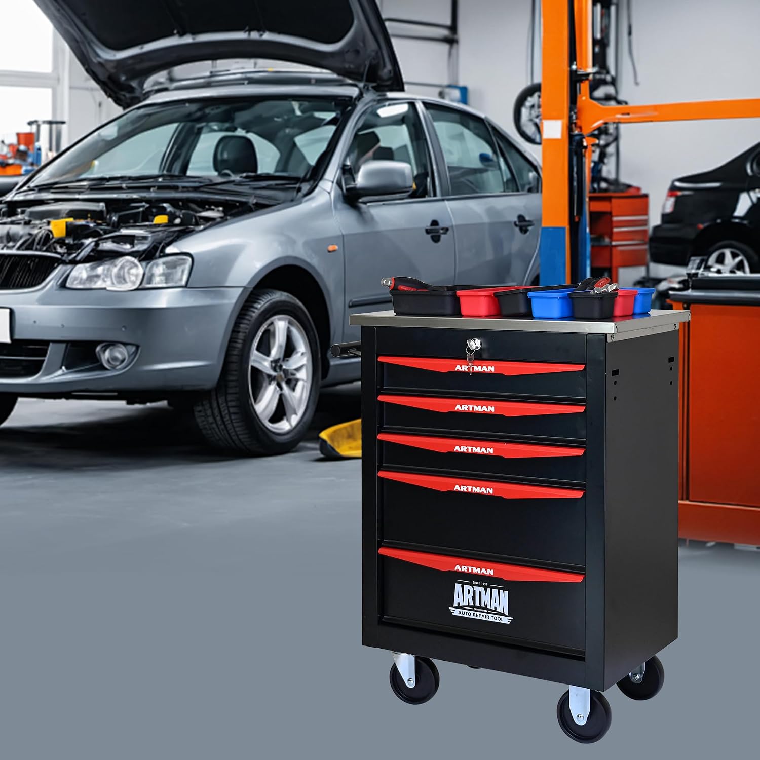 Campfun Tool Chest with Wheels 5 Drawers Rolling Tool Box, Metal Tool Cart with Extra 7 Tool Storage Boxes, Tool Chest Workbench Tool Storage Cabinet for Garage Workshop Warehouse Repair Shop
